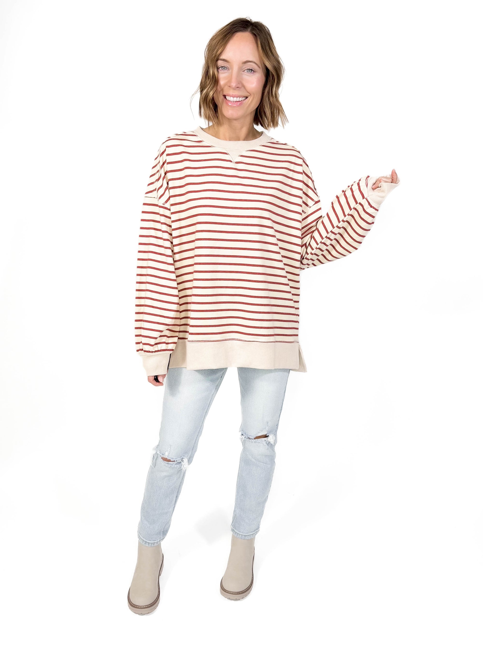 Minka Stripe Pullover- BRICK/BEIGE