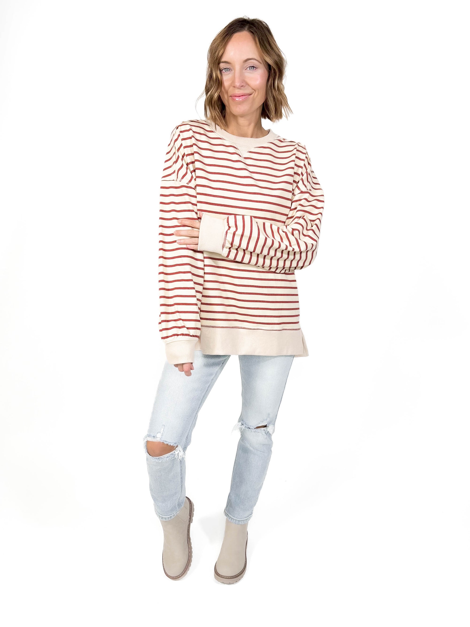 Minka Stripe Pullover- BRICK/BEIGE