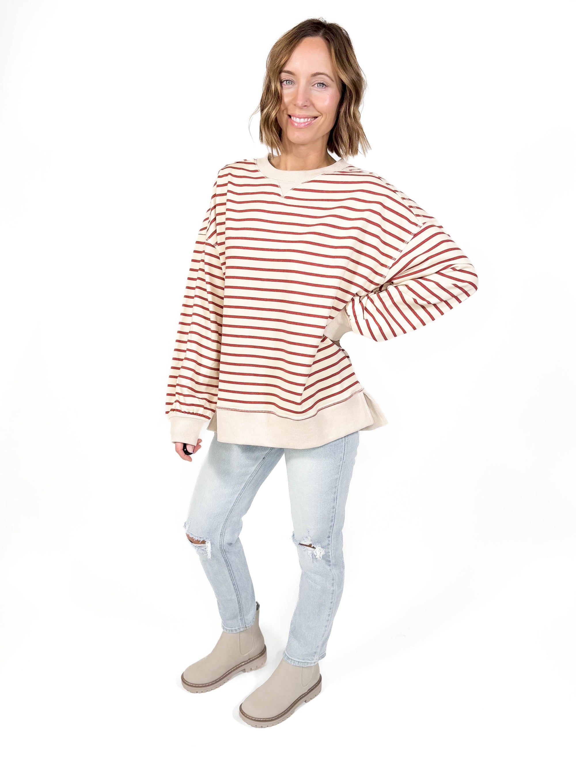 Minka Stripe Pullover- BRICK/BEIGE