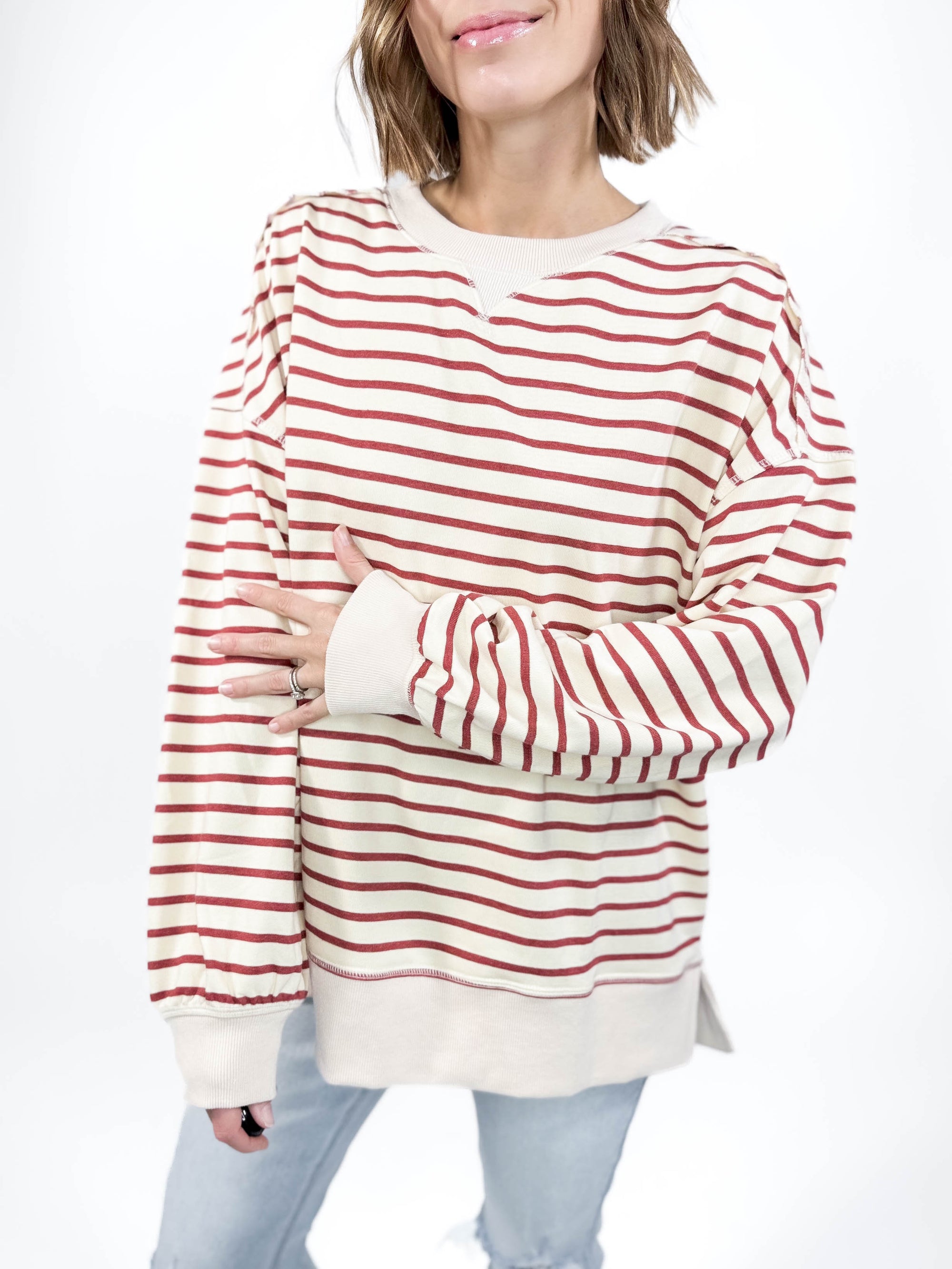 Minka Stripe Pullover- BRICK/BEIGE