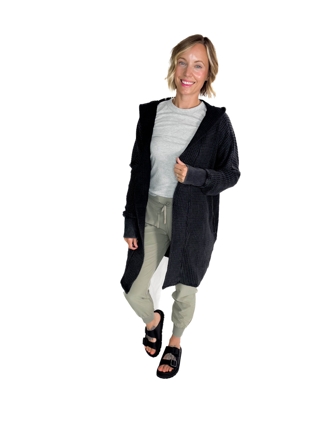 MONO B Freya Chunky Waffle Hooded Cardigan- BLACK