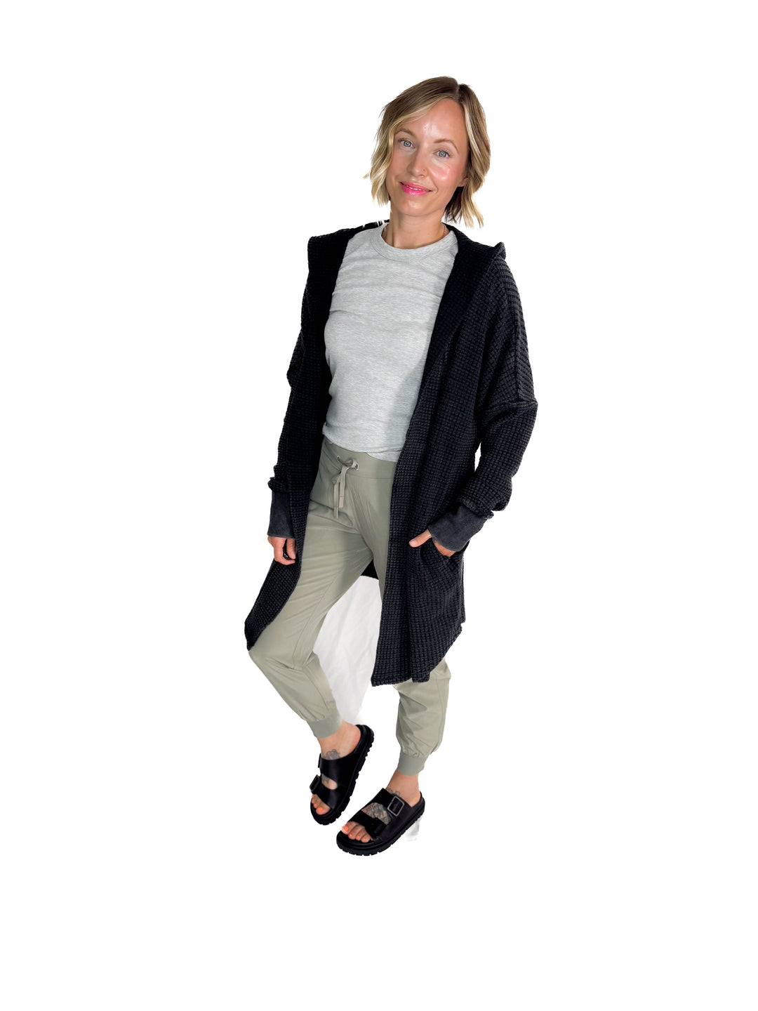 MONO B Freya Chunky Waffle Hooded Cardigan- BLACK