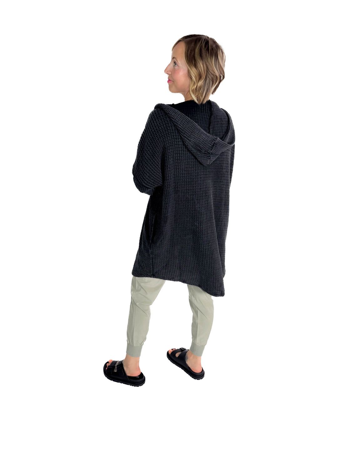 MONO B Freya Chunky Waffle Hooded Cardigan- BLACK