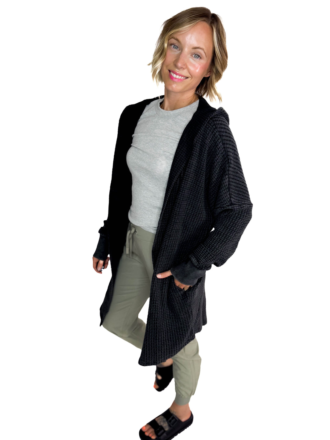 MONO B Freya Chunky Waffle Hooded Cardigan- BLACK