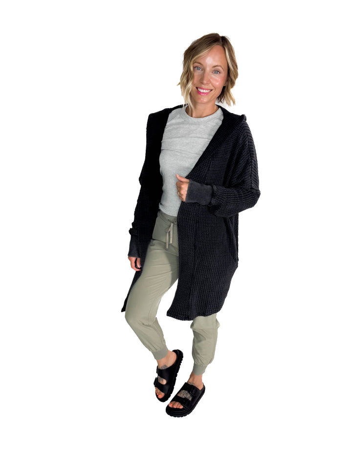 MONO B Freya Chunky Waffle Hooded Cardigan- BLACK
