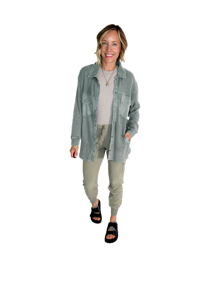 Mono B Marcia Waffle Knit Washed Button Down Jacket- SILKY PINE