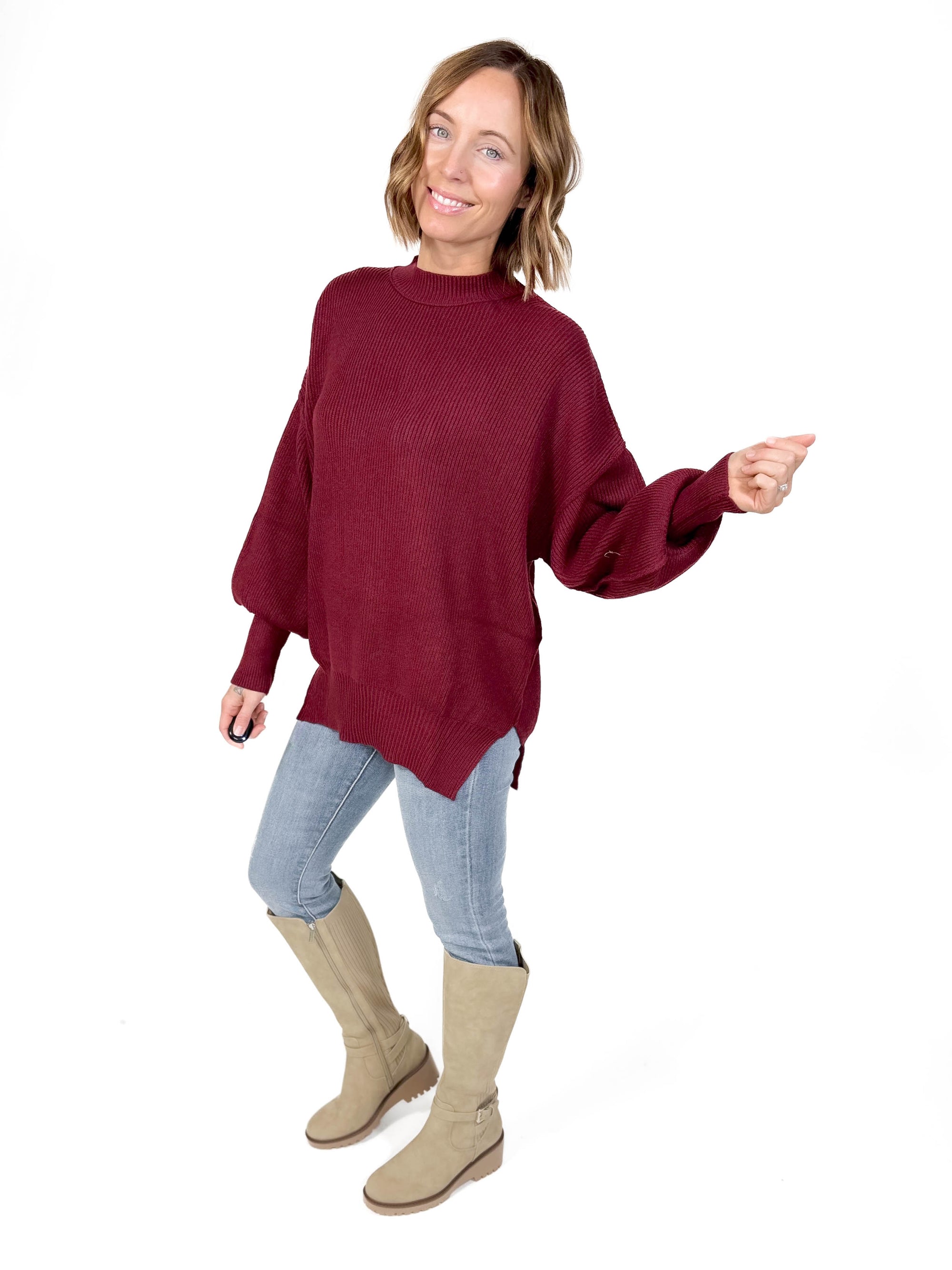 Oakes Mock Neck Sweater- MAROON