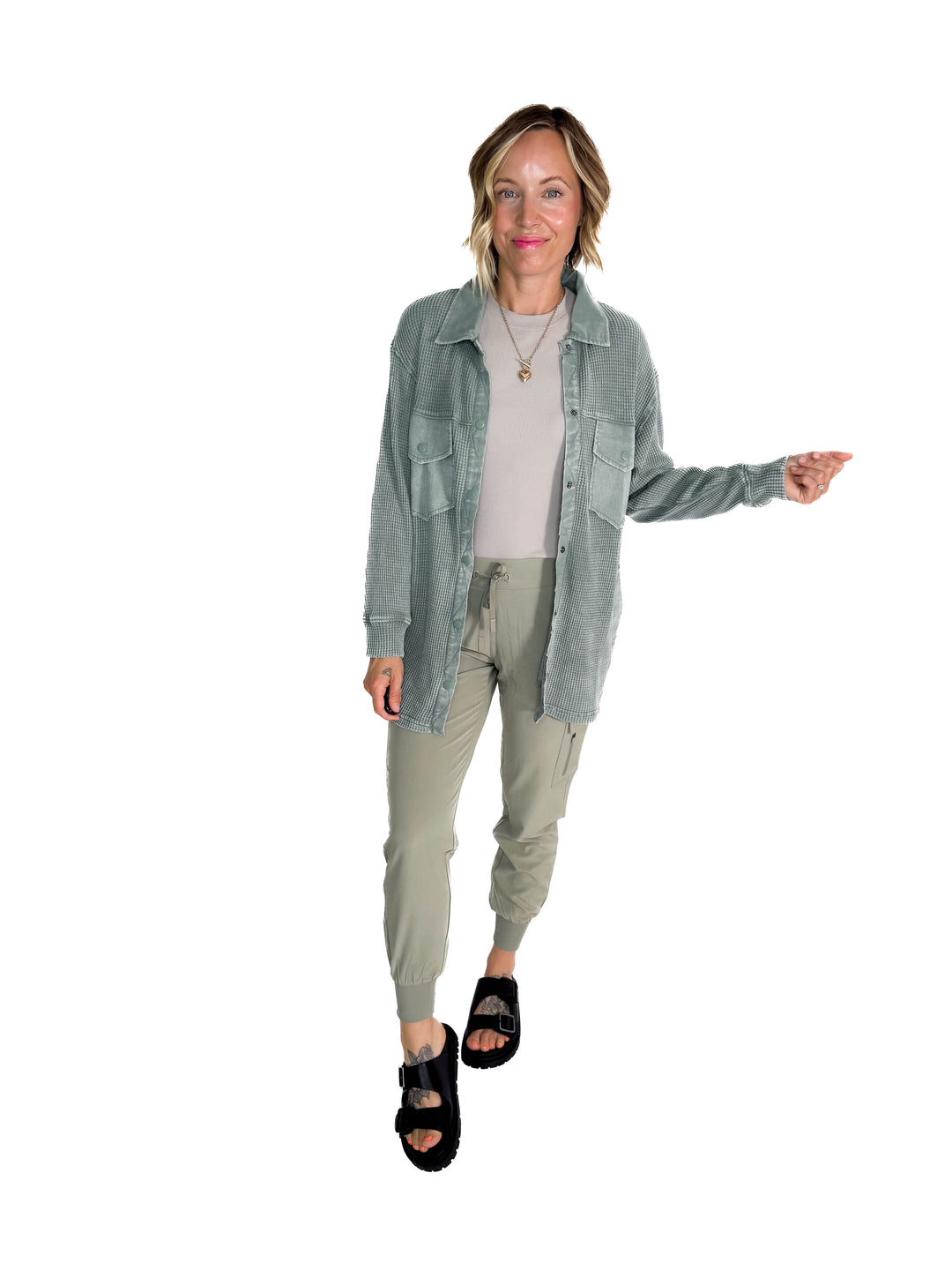 Mono B Marcia Waffle Knit Washed Button Down Jacket- SILKY PINE