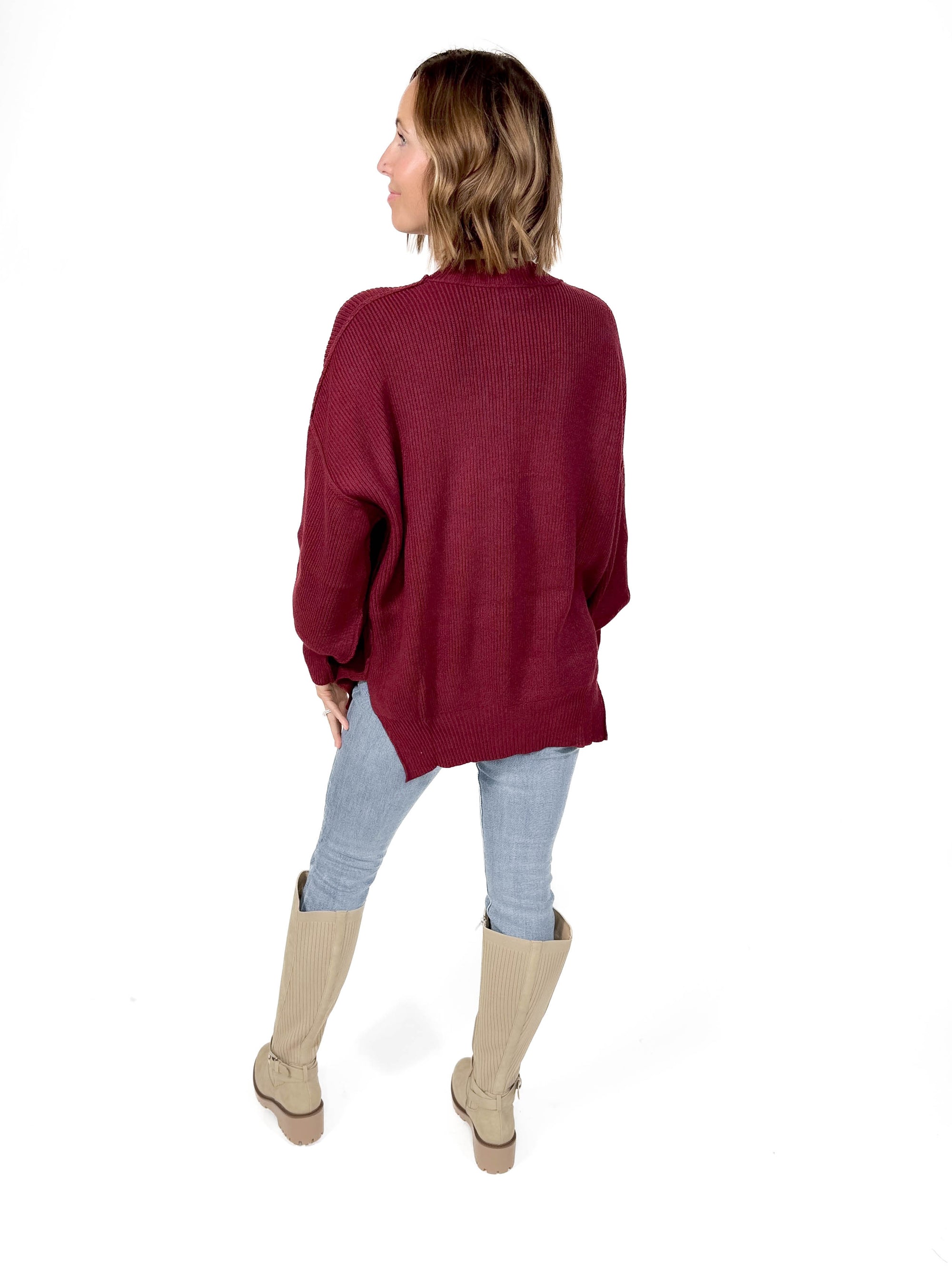 Oakes Mock Neck Sweater- MAROON