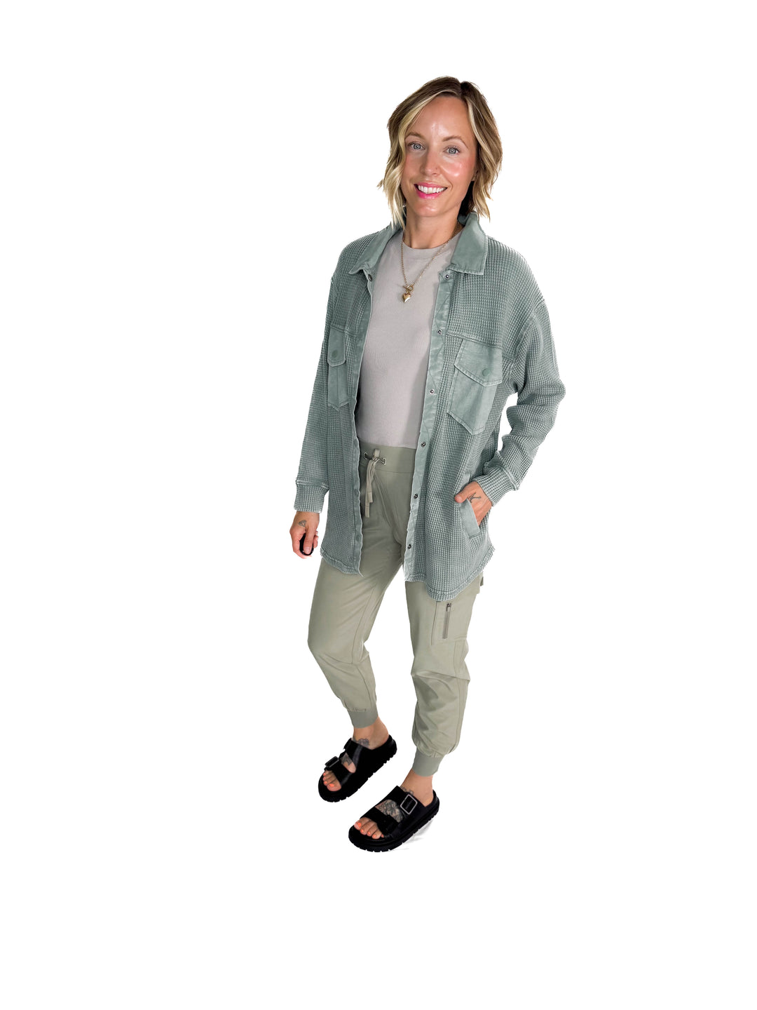 Mono B Marcia Waffle Knit Washed Button Down Jacket- SILKY PINE