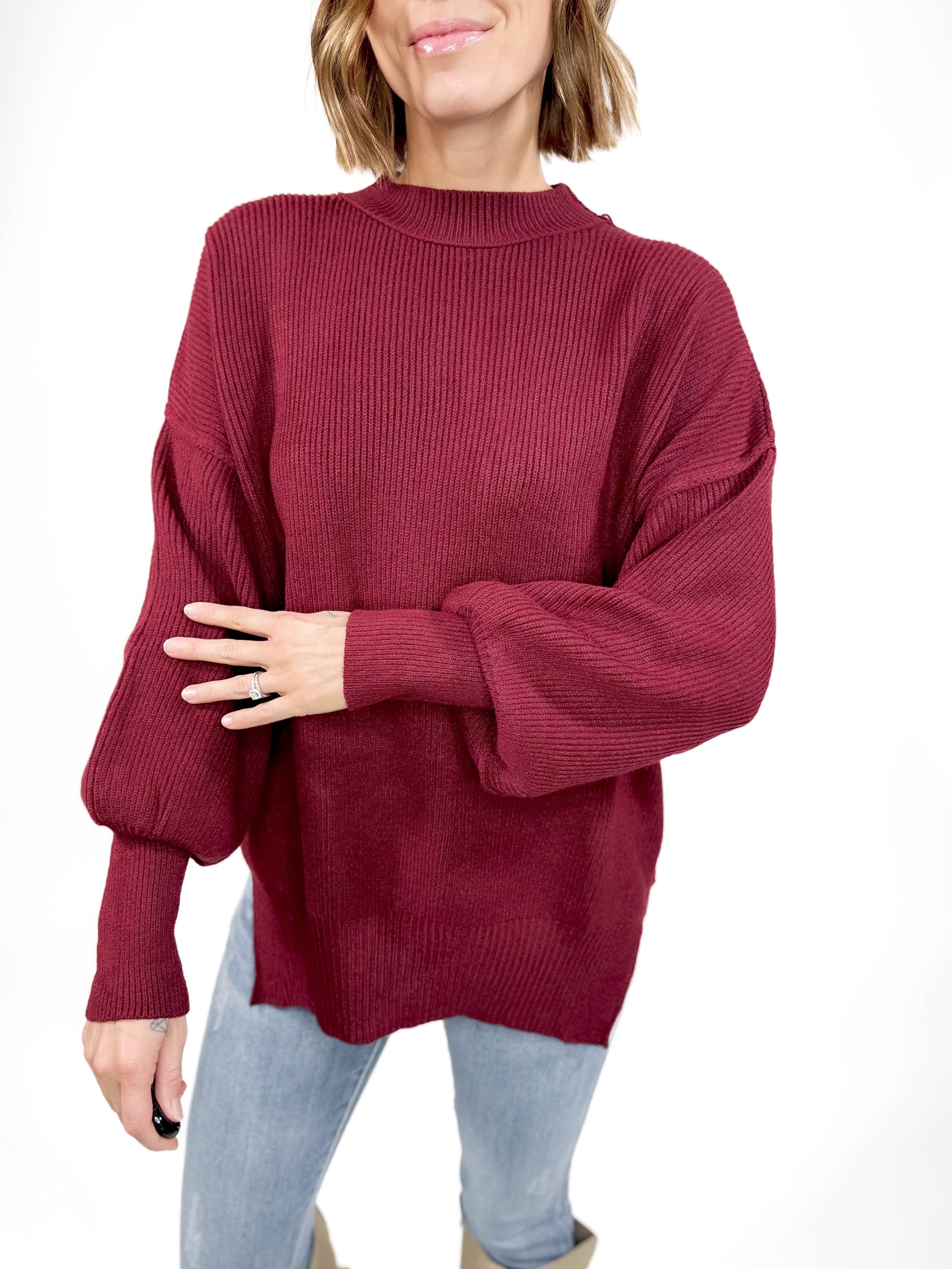 Oakes Mock Neck Sweater- MAROON