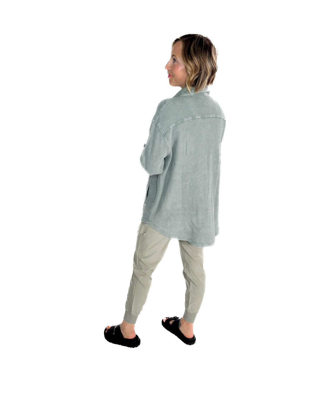 Mono B Marcia Waffle Knit Washed Button Down Jacket- SILKY PINE