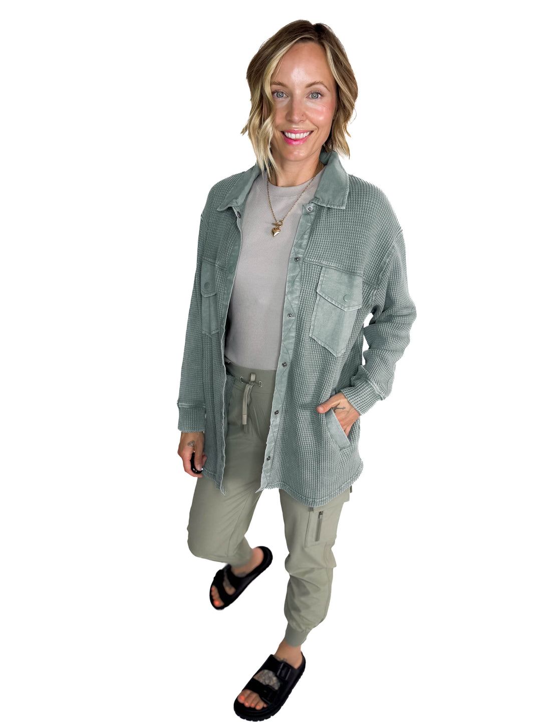 Mono B Marcia Waffle Knit Washed Button Down Jacket- SILKY PINE