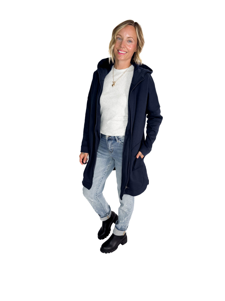 MONO B Nelly Longline Zip-Up Jacket With Hood- NAVY-FINAL SALE