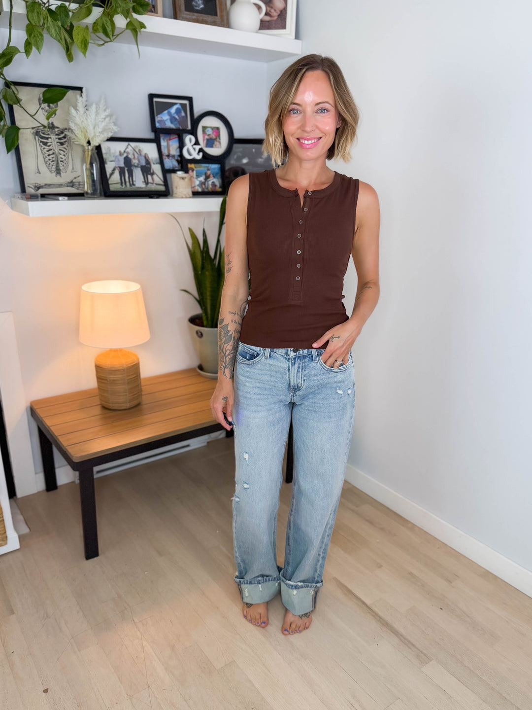 Misty Ribbed Henley Tank Top- CHOCOLATE
