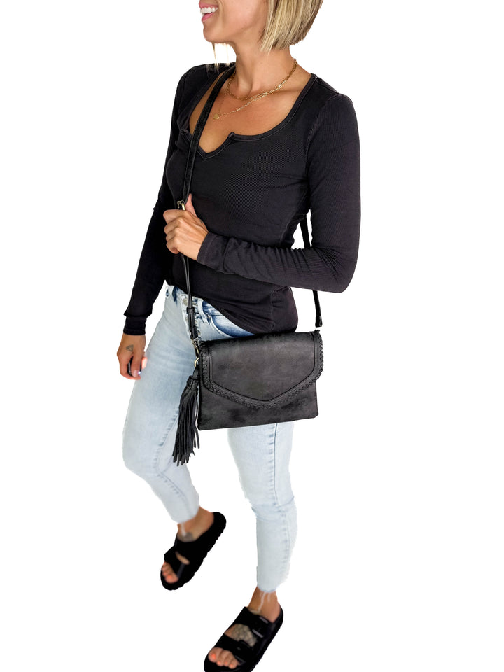 Sloane Flapover Crossbody Bag- BLACK