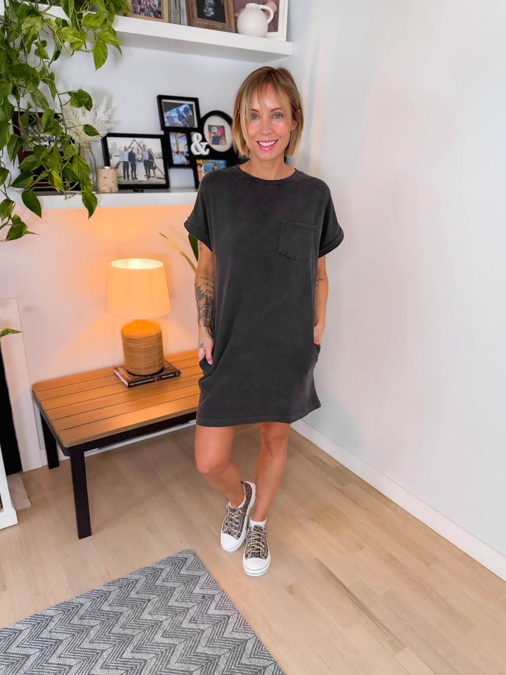 Wilder Washed Cotton T-shirt Dress- BLACK