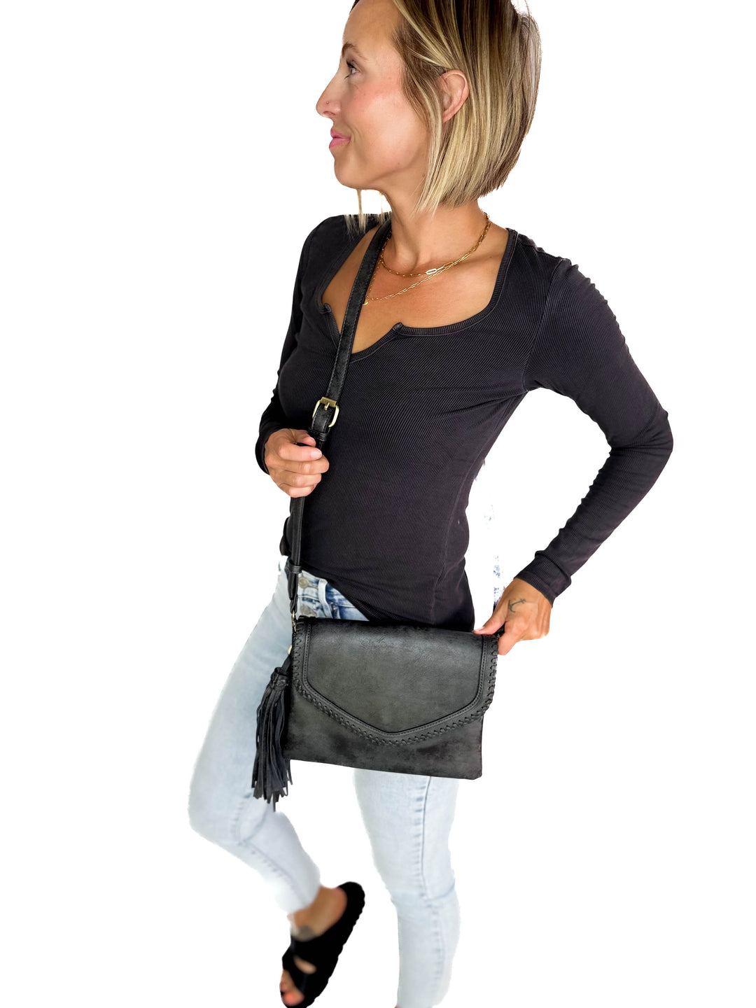 Sloane Flapover Crossbody Bag- BLACK
