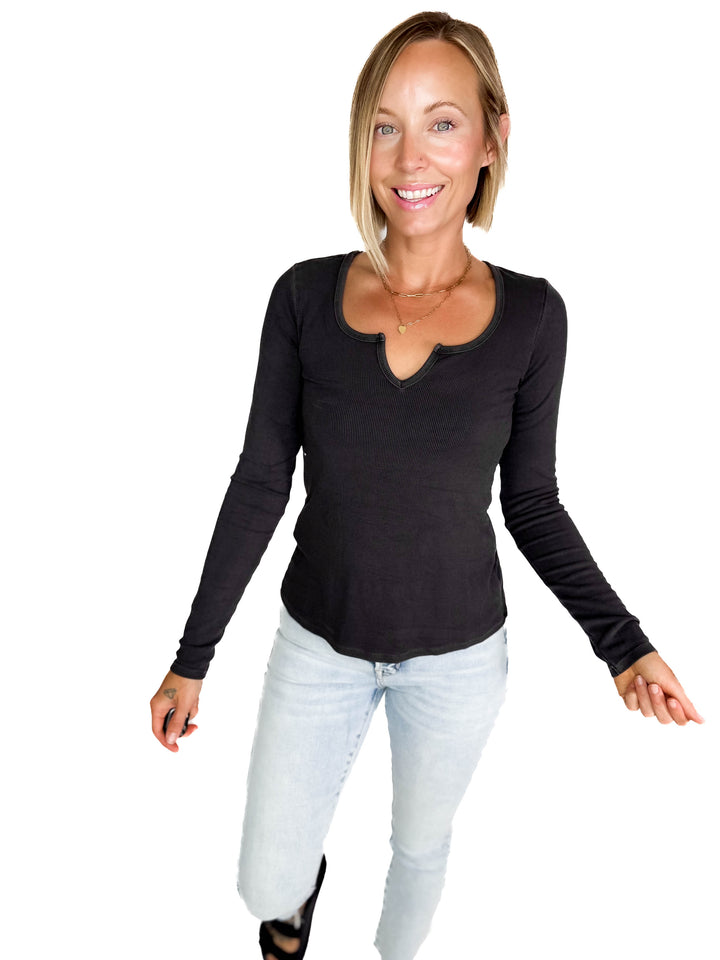 Jennifer Classic Ribbed Basic Long Sleeve- DARK CHARCOAL