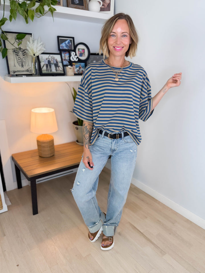 Islaire Oversized Stripe Boyfriend Tee- NAVY/TAN