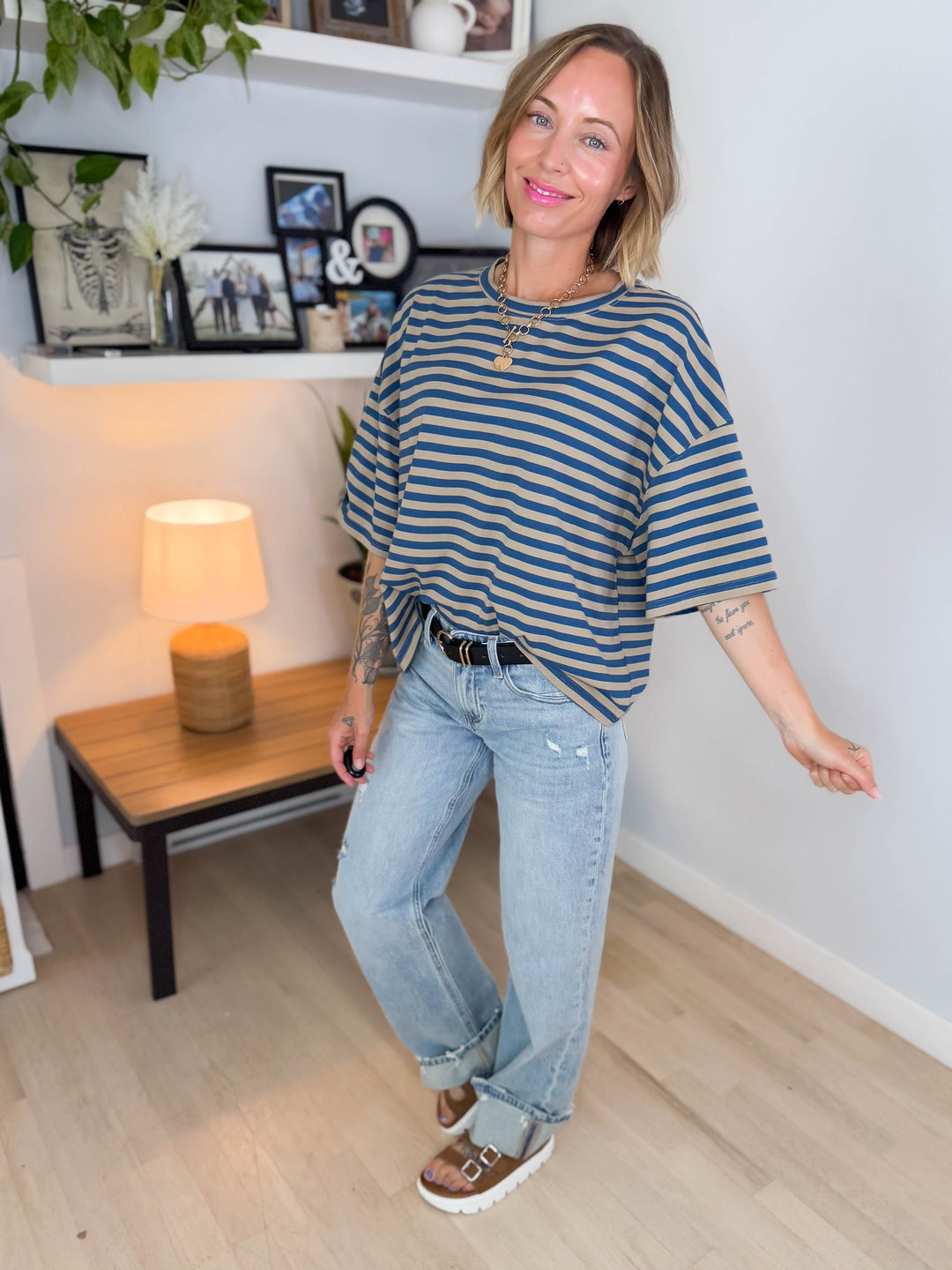 Islaire Oversized Stripe Boyfriend Tee- NAVY/TAN