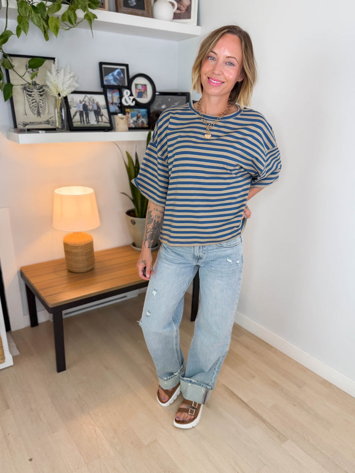 Islaire Oversized Stripe Boyfriend Tee- NAVY/TAN