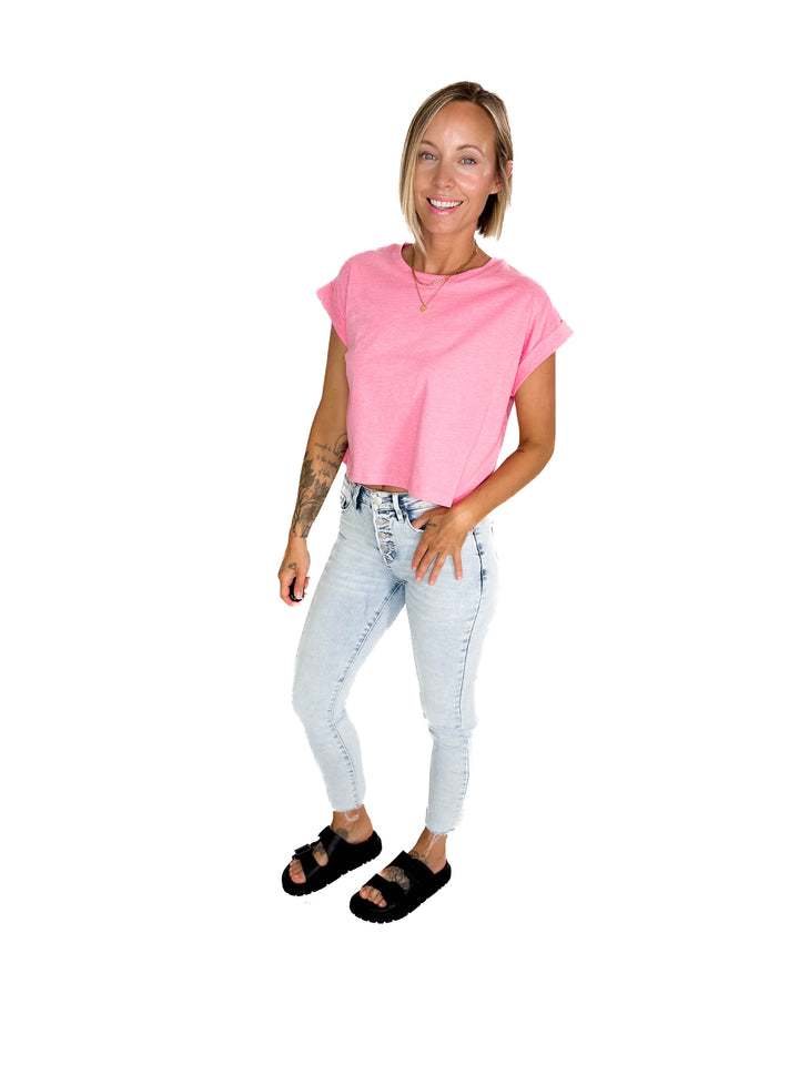 Helen Cotton Folded Sleeve Top- HEATHER FUCHSIA