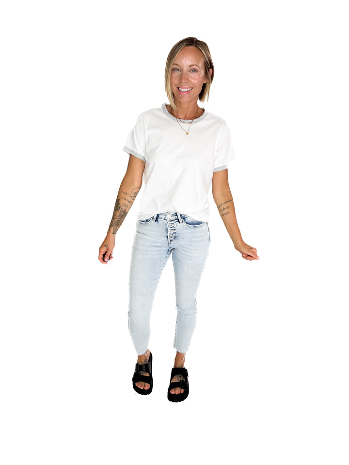 Monica Contrast Binding Short Sleeve T-Shirt- HEATHER GREY