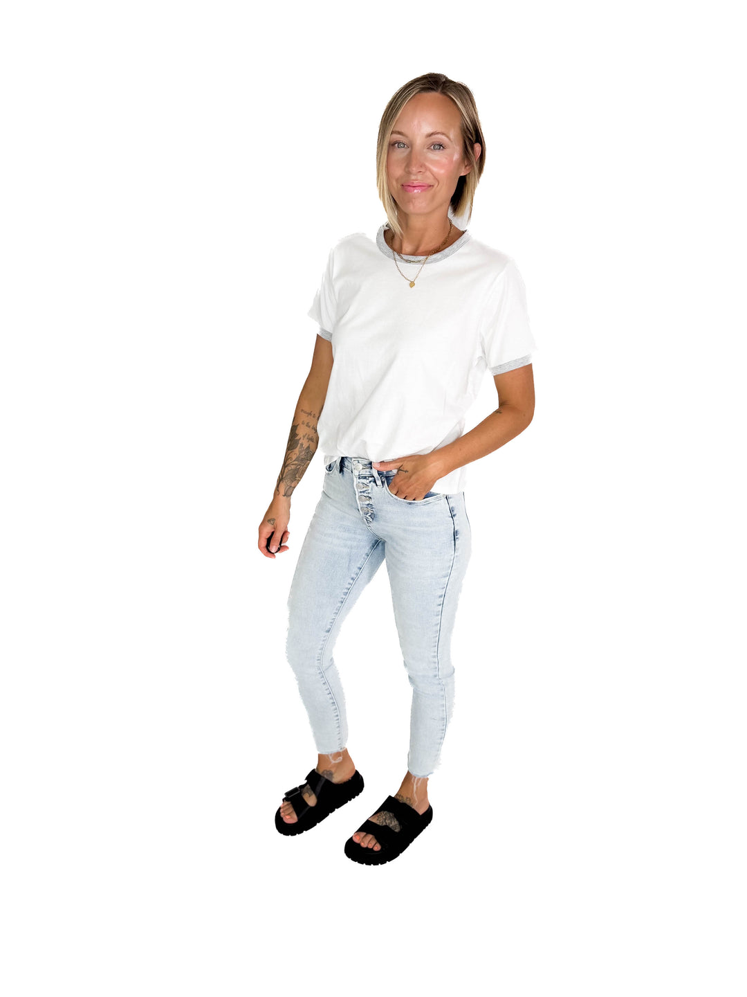 Monica Contrast Binding Short Sleeve T-Shirt- HEATHER GREY