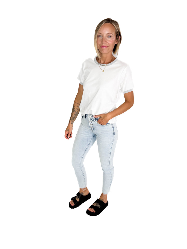 Monica Contrast Binding Short Sleeve T-Shirt- HEATHER GREY