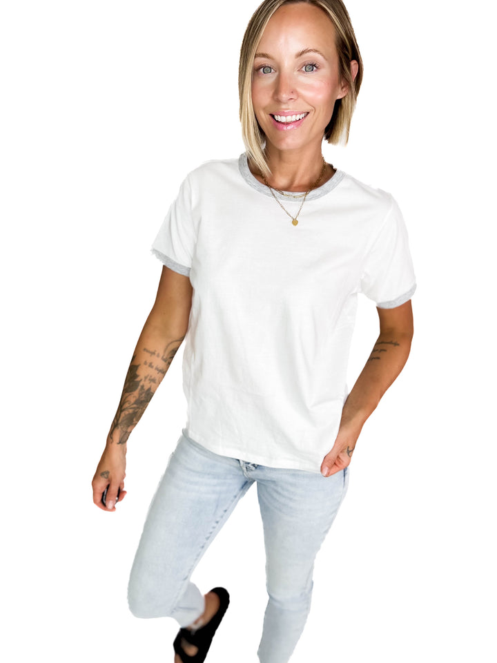 Monica Contrast Binding Short Sleeve T-Shirt- HEATHER GREY