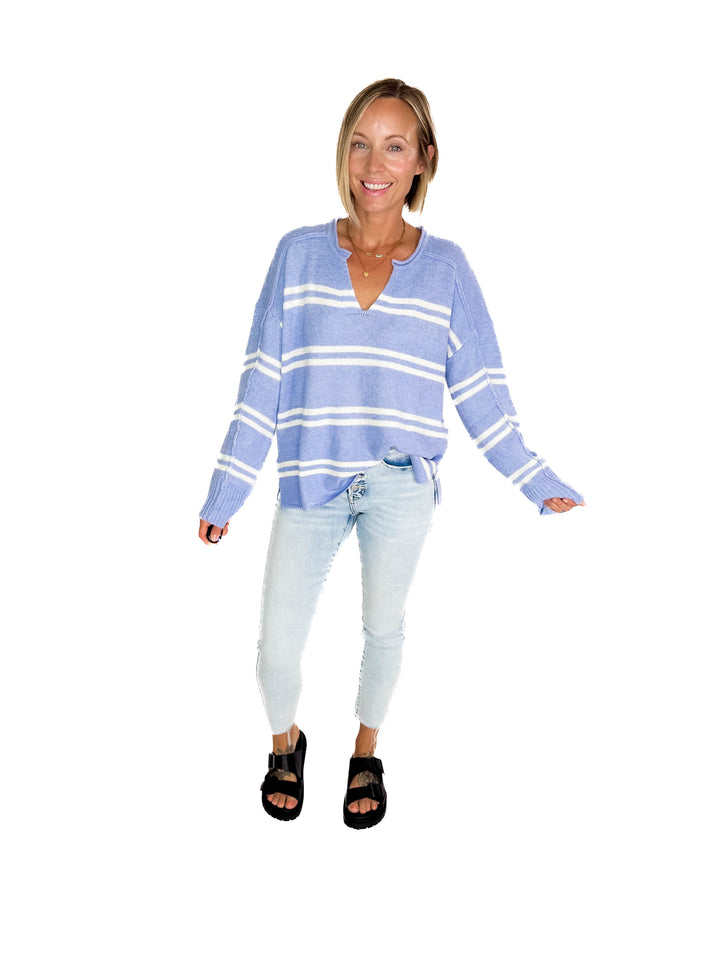 Kailey Notch Neck Striped Knit Sweater- PERI BLUE