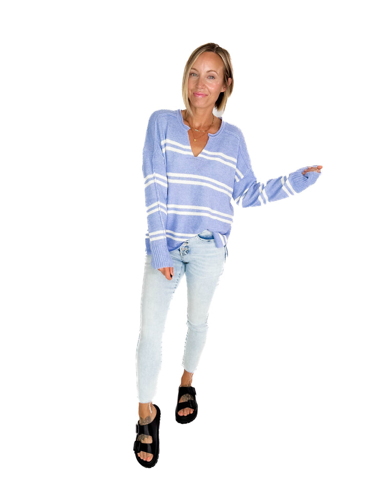 Kailey Notch Neck Striped Knit Sweater- PERI BLUE