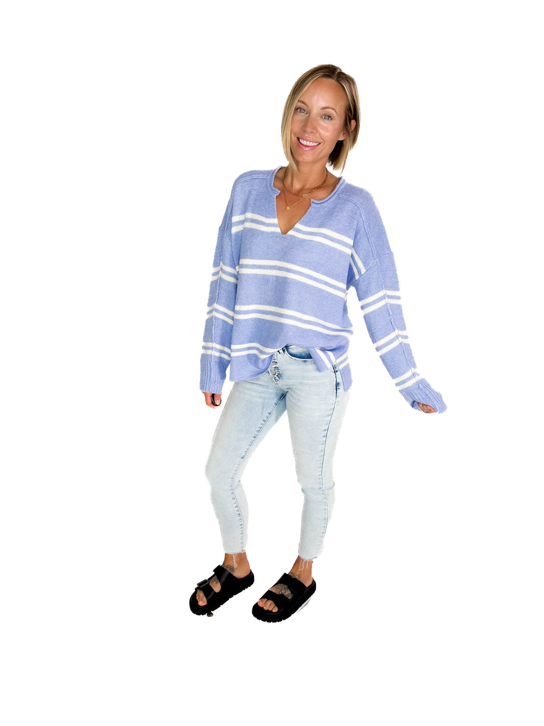 Kailey Notch Neck Striped Knit Sweater- PERI BLUE