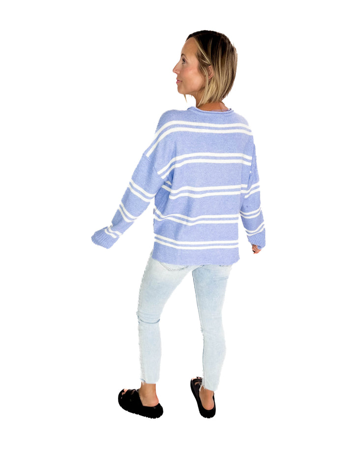 Kailey Notch Neck Striped Knit Sweater- PERI BLUE