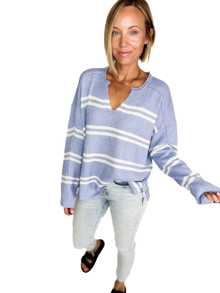 Kailey Notch Neck Striped Knit Sweater- PERI BLUE