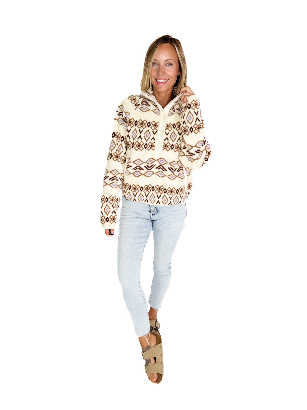 THREAD & SUPPLY Piper Fleece Pullover- Cream/Brown