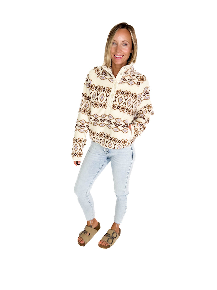 THREAD & SUPPLY Piper Fleece Pullover- Cream/Brown