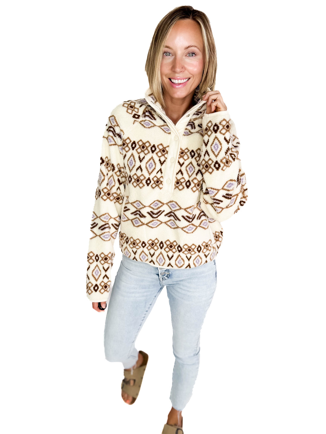 THREAD & SUPPLY Piper Fleece Pullover- Cream/Brown