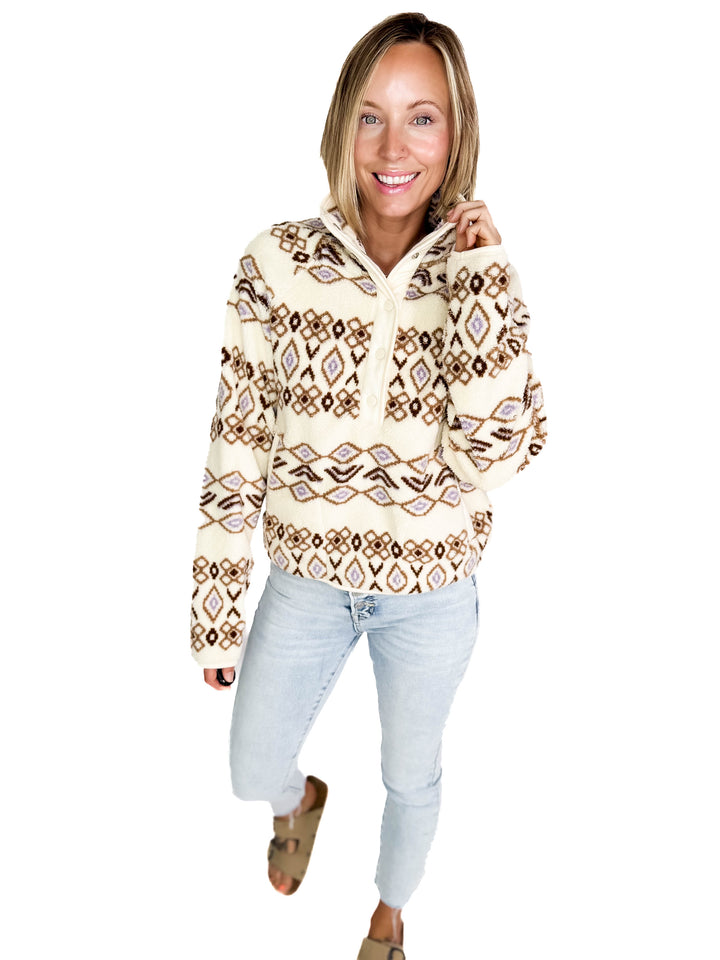 THREAD & SUPPLY Piper Fleece Pullover- Cream/Brown