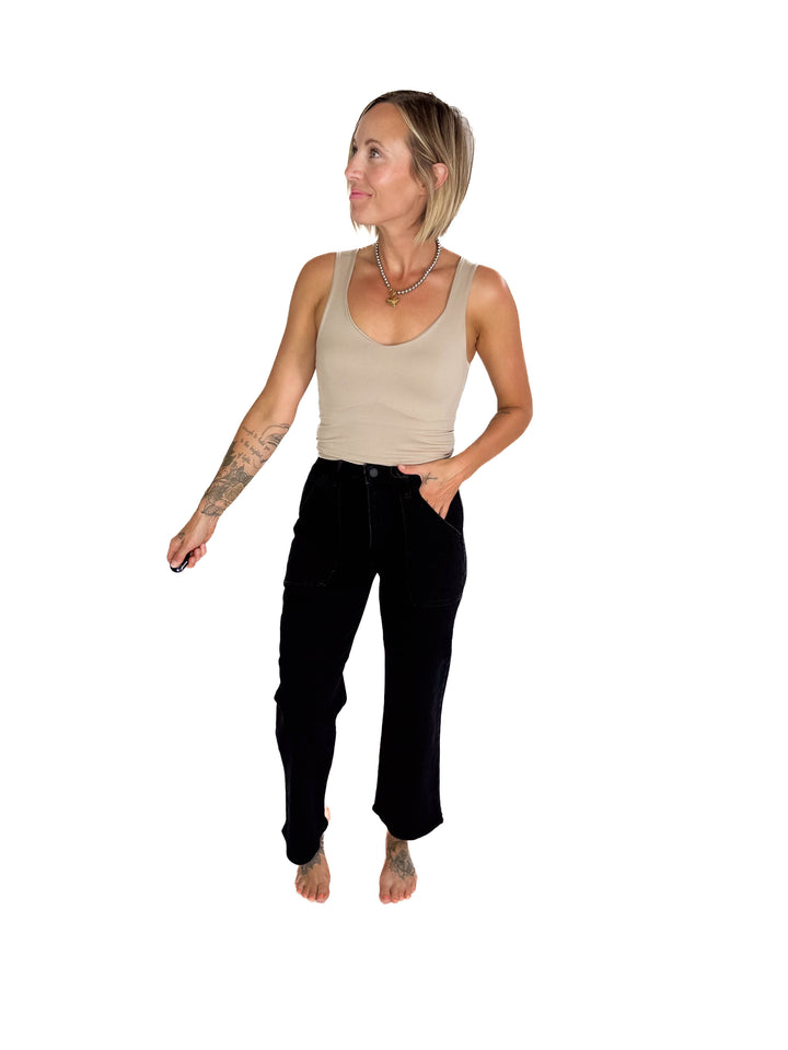 JUST BLACK DENIM Kassandra High Rise Cargo Pocket Wide Leg Jeans- BLACK