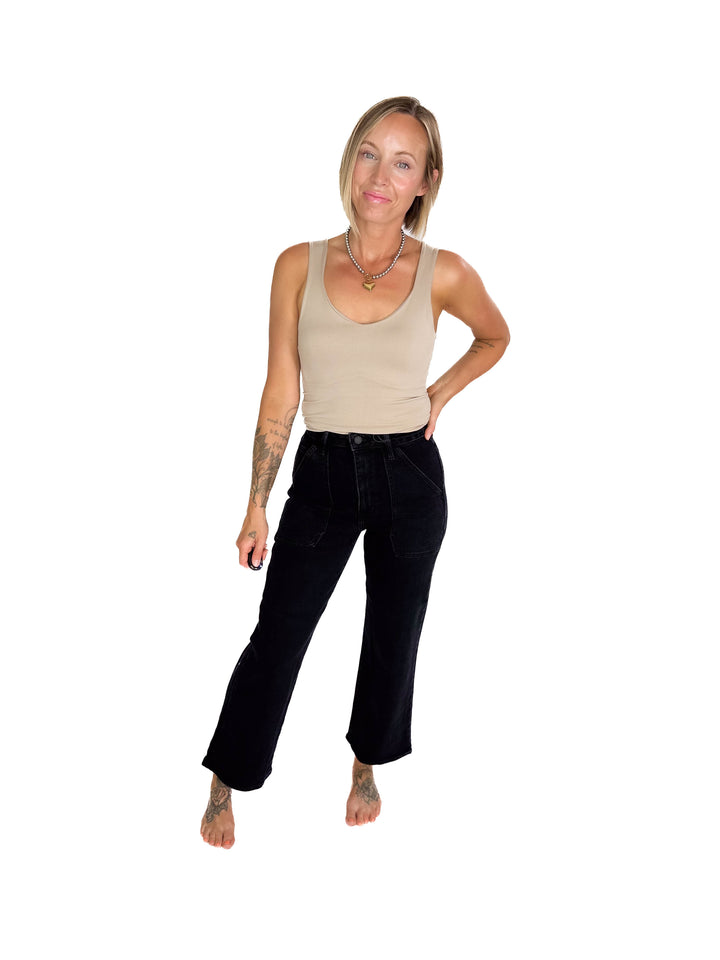 JUST BLACK DENIM Kassandra High Rise Cargo Pocket Wide Leg Jeans- BLACK
