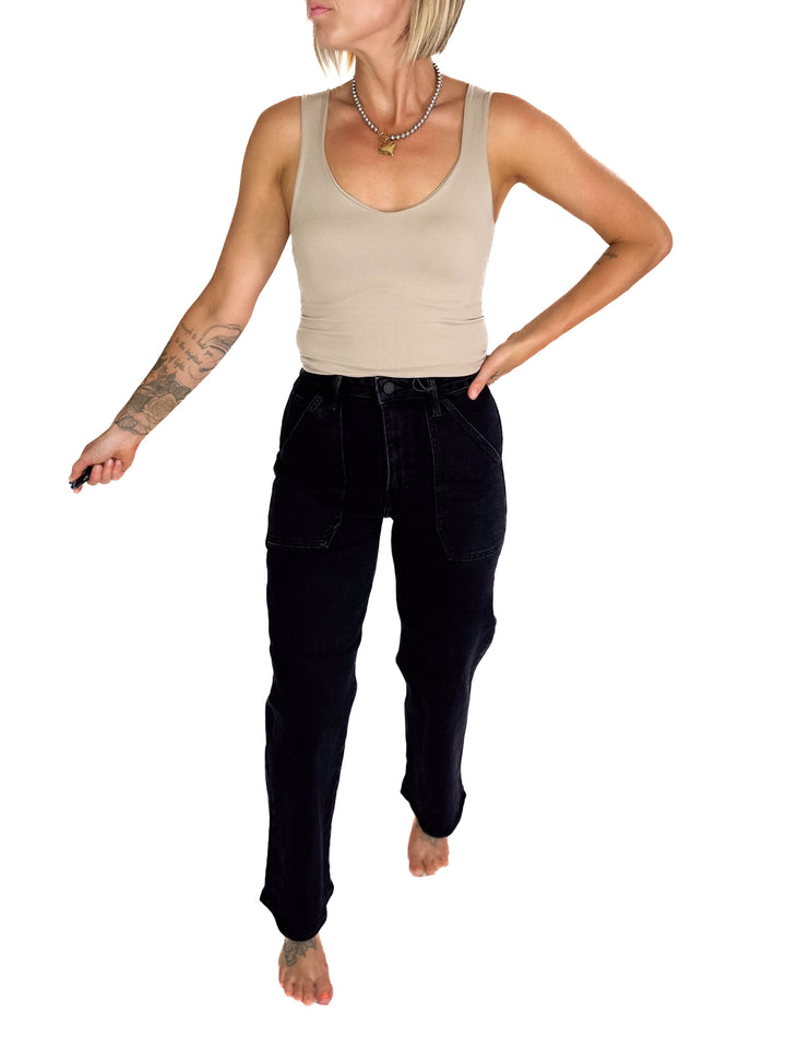 JUST BLACK DENIM Kassandra High Rise Cargo Pocket Wide Leg Jeans- BLACK