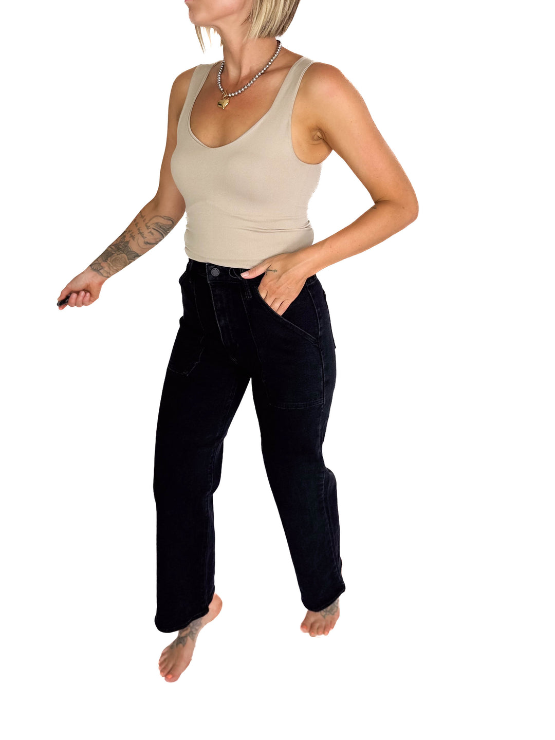 JUST BLACK DENIM Kassandra High Rise Cargo Pocket Wide Leg Jeans- BLACK