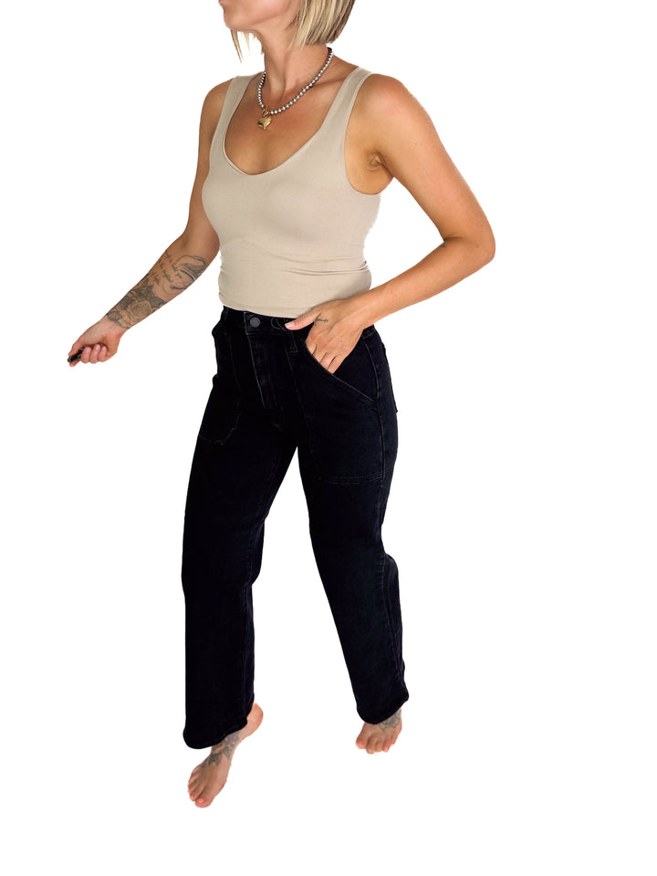 JUST BLACK DENIM Kassandra High Rise Cargo Pocket Wide Leg Jeans- BLACK