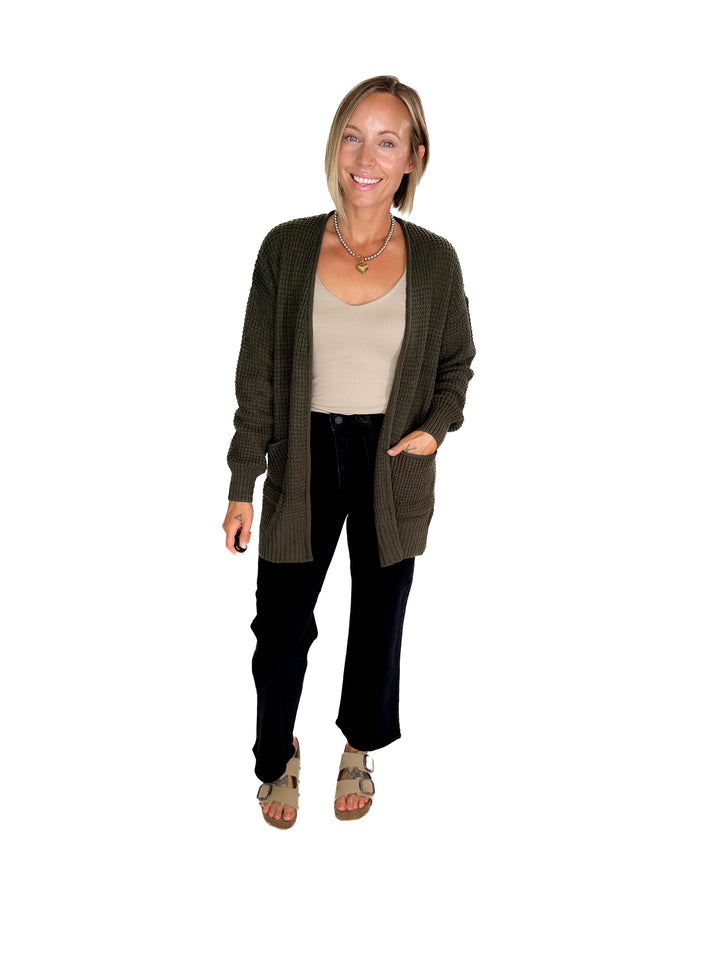 Marley Waffle Cardigan- DARK OLIVE