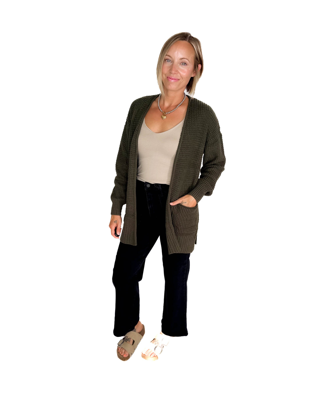 Marley Waffle Cardigan- DARK OLIVE