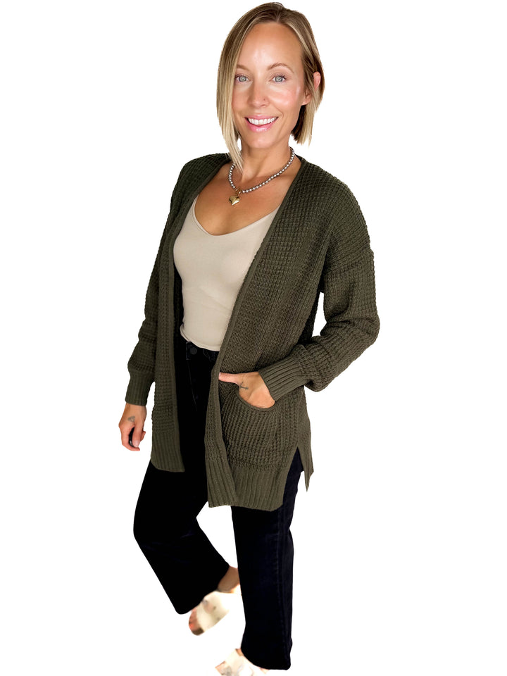 Marley Waffle Cardigan- DARK OLIVE