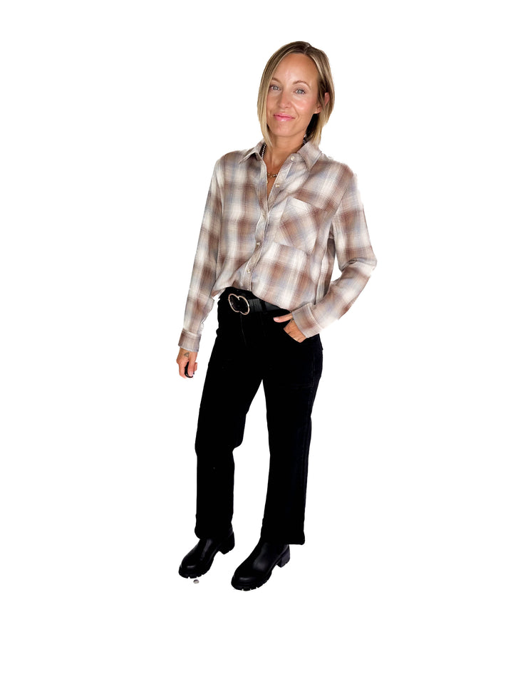Miranda Plaid Button Down Long Sleeve- MOCHA
