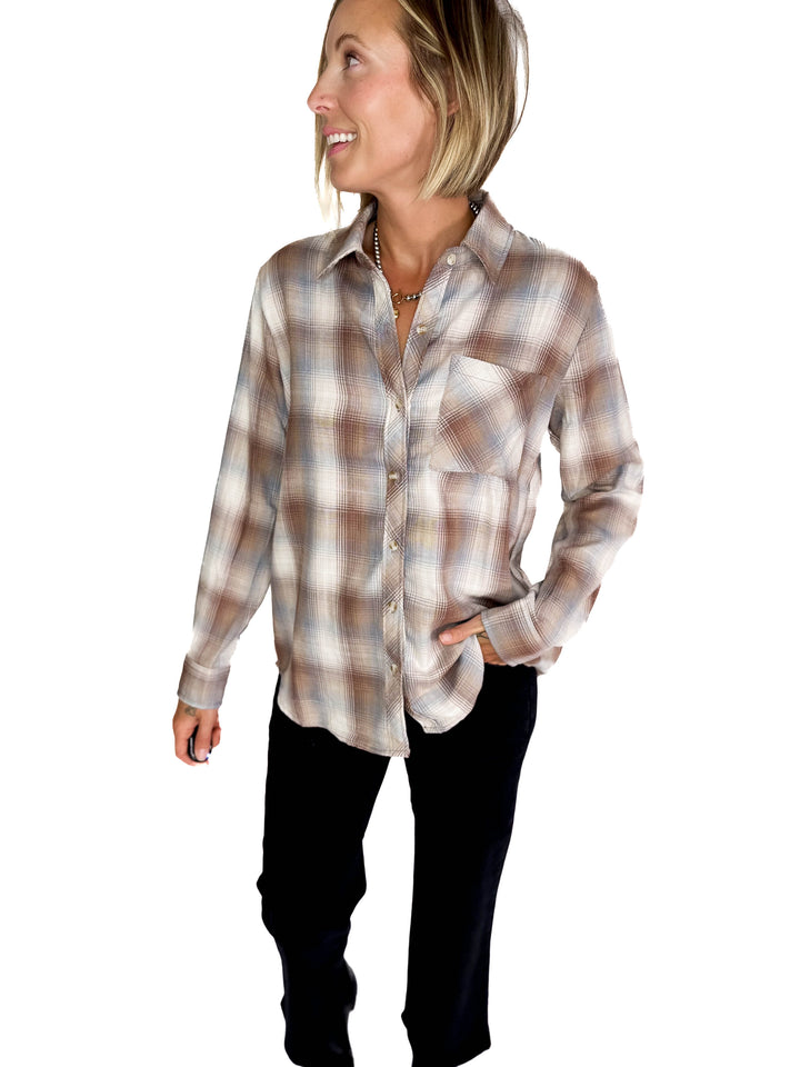 Miranda Plaid Button Down Long Sleeve- MOCHA
